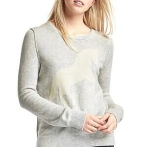 Horse Intarsia Heather Gray Cream Sweater GAP Merino Wool Blend Kidcore